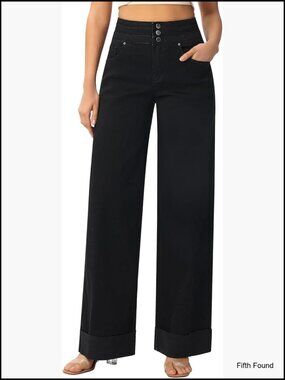 High Waisted Stretchy Wide Leg Baggy Cuffed Denim Jeans